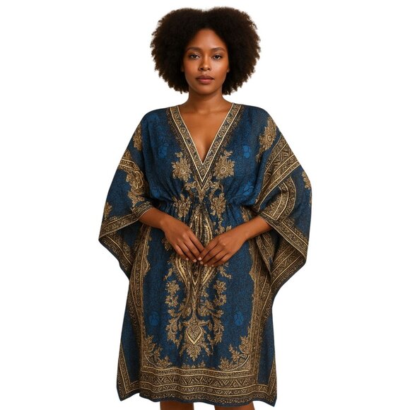 Bohemian Kaftan Maxi Dress  Deep Blue & Gold Floral Print V-Neck Adjustable Wais - Picture 3 of 8